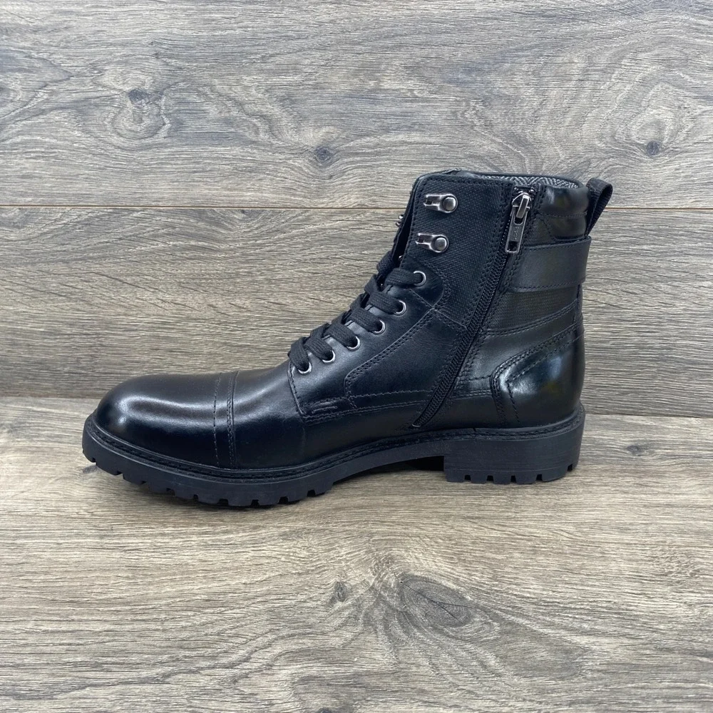 Steve Madden Snyder Combat Boot Mens Size 12 Black Leather Lace Up Side Zip Lug